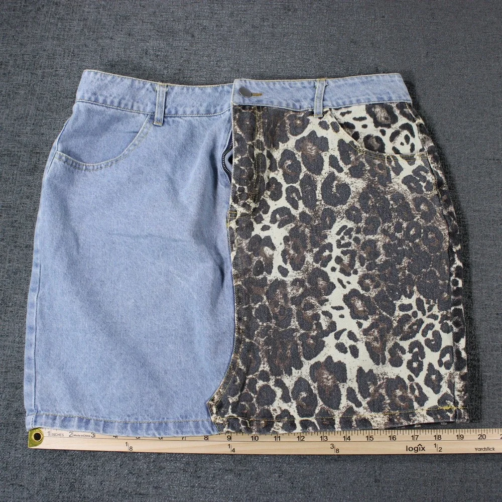 Arkling Womens XL Denim Mini Skirt Two Tone Leopard Print Blue‎ Light Wash Split